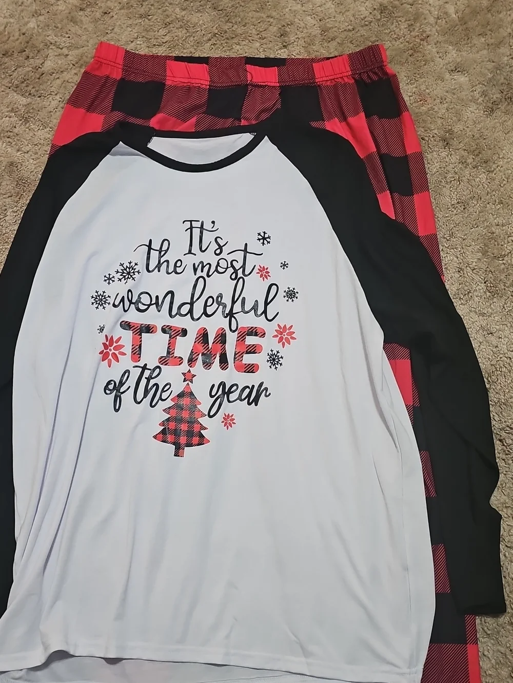 Cat & Jack White and Black Raglan Top with Red and Black Buffalo Plaid Pants